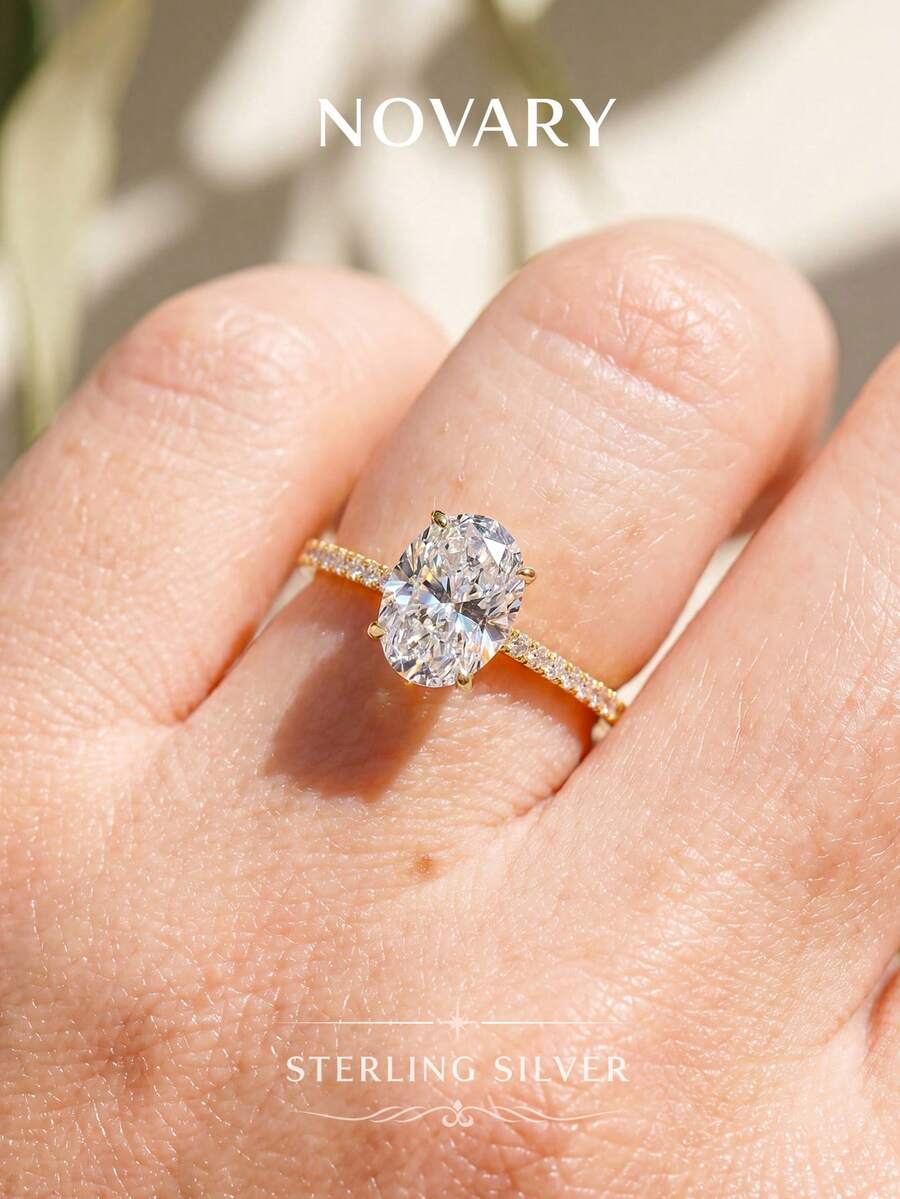1 chiếc nhẫn hình bầu dục thanh lịch 5*7mm đính đá Cubic Zirconia, mạ vàng, quà tặng kỷ niệm/sinh nhật cho nữ. - Vàng - Xem 1