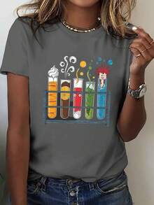 Nueva Camiseta de Moda para Mujer con Cuello Redondo - Camiseta de manga corta con estampado de patrón científico colorido, tela transpirable de elasticidad media, lavable aáquina, top casual cómodo para primavera y verano, adecuada para uso diario. Estilo Básico Universal, diseño versátil listo para el verano. - Verde - Ver 9