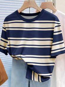 Camiseta de mujer de manga corta a rayas de colores vintage, top casual de cuello redondo para el verano - Multicolor 6 - Ver 4
