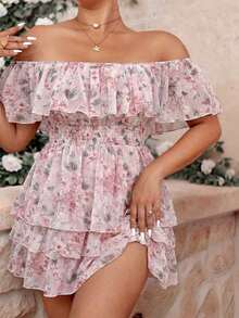 Vestido de talla grande con hombros descubiertos, con estampado floral romántico y diseño en capas tipo tarta - Rosa - Ver 9