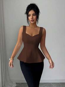 Top de tirantes con cuello de corazón, abertura frontal en la cintura y línea A sin mangas, estilo francés retro elegante para ir al trabajo, negocios, vacaciones, casual, versátil, nueva llegada de primavera/verano - Café integral - Ver 6