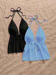 2 piezas Parte superior casual con escote halter y espalda descubierta, adecuada para el verano, ropa de verano, atuendo de vacaciones, estampado de rayas, para mujer en primavera y verano, parte superior para salir de mujer, vacaciones de mujer - Multicolor 2 - Ver 3
