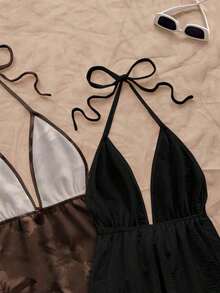 Set de 2 tops de camisola con cuello de halter, uno con estampado abstracto texturizado fucsia elegante y versátil para vacaciones, y otro de color negro sólido, cómodos para primavera/verano - Multicolor 2 - Ver 4
