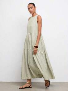 Vestido de dos piezas con diseño de volantes en talla grande, color verde jade, de estilo moderno y casual para vacaciones, con cuello redondo, división horizontal y parches, vestido elegante y cómodo para playa y estilo bohemio - Verde 2 - Ver 7