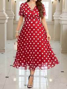 Vestido floral elegante de talla grande, verano - Rojo - Ver 1