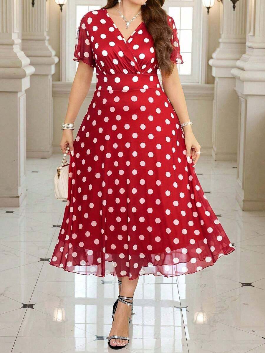 Vestido floral elegante de talla grande, verano - Rojo - Ver 1