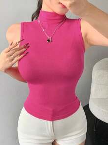 Tops de mujer de cuello alto, ajustados, sin mangas y con envolvente - Rosa Fucsia - Ver 5