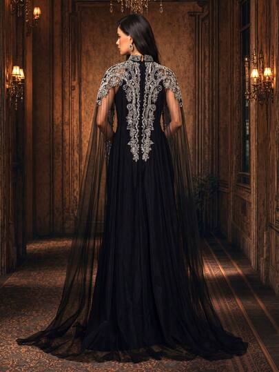  UNITHORSE Women's Stand Collar Extra Long Sleeve Knit Patchwork Mesh Luxurious Applique Decor Maxi Evening Dress, Formal Heavyweight Evening Gown Suitable For Awards Ceremony, Banquet And Other Formal Occasions Wedding Black Spring Party