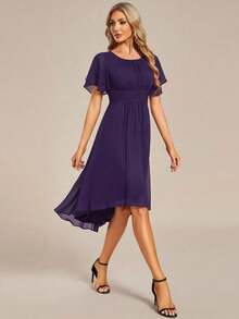 Vestido de dama de honor de gasa con pliegues y mangas con volantes, vestido de noche elegante para invitados de boda en primavera - Morado - Ver 5