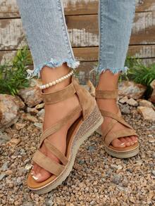 Plus Size Women's Single Strap Wedge Heel Sandals, 2026 Summer New Fashion Fairy Style Solid Color Vacation Bohemian - Brown - View 4
