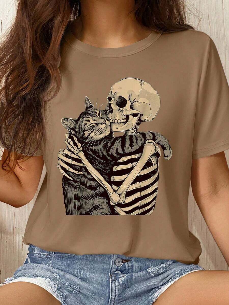 LUNE Camiseta de manga corta casual, cómoda y versátil para mujer con estampado de calavera y gato, adecuada para el hogar y el exterior - Albaricoque - Ver 1