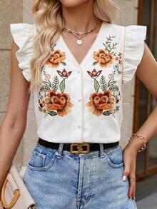 Clasi Blusa blanca elegante y casual con cuello en V, mangas con volantes, falso bordado y estampado floral, adecuada para primavera/verano - Blanco - Ver 5