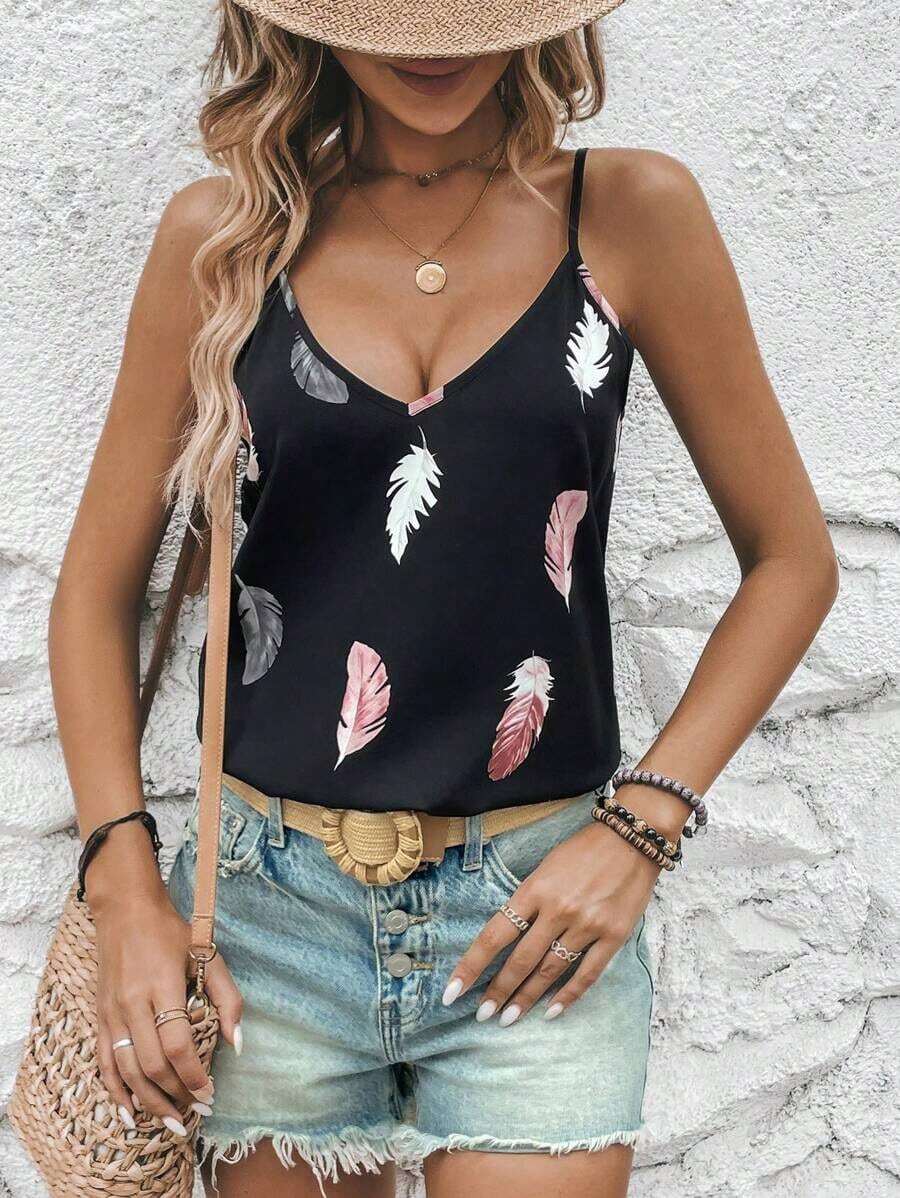 Top de tirantes casual con estampado de plantas para mujer, top de verano para vacaciones, top de verano para mujer, top tipo camiseta de verano casual, top tropical de verano, top casual de verano para mujer, top tipo camiseta de verano para mujer, - Negro - Ver 1