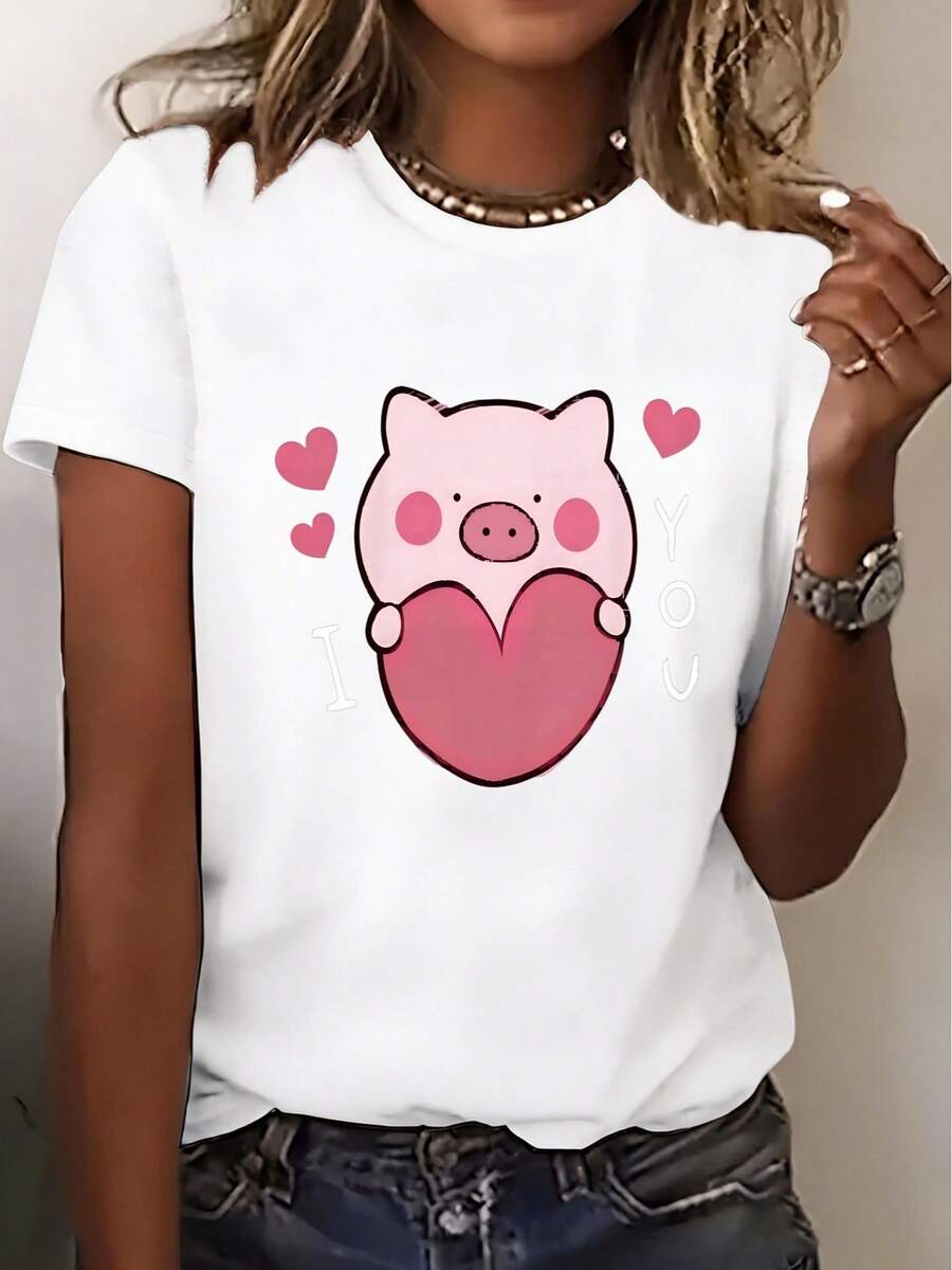 Camiseta de manga corta para mujer con estampado de cerdito y corazón rojo - Cuello redondo, estilo casual, lavable aáquina, adecuada para viajes, vacaciones en la playa, uso en primavera y verano, estilo de marca, regalo casual - Camiseta unisex de algodón holgada de manga corta y cuello redondo, estilo vintage urbano. - Blanco - Ver 1