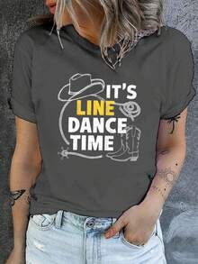 T-Shirt With "Cowboy Rope IT'S LINE DANCE TIME" Print, Short Sleeves And Round Neck, Casual Top For Summer And Spring, Women's Clothing - Dark Grey - View 6