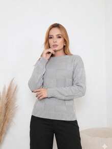 Women's Sweater For Cold Weather, Autumn/Winter Knit, Long Sleeves,  Boho Style, Square Knit, Elegant, Simple, Casual, Wool-Like Fabric, Textured Knit, Suitable For Evening, Holidays, Weddings, Office, Street, Travel, Brunch, Autumn/Winter. - 淺灰色 - 查看 1