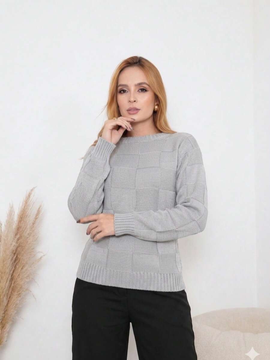 Women's Sweater For Cold Weather, Autumn/Winter Knit, Long Sleeves, Boho Style, Square Knit, Elegant, Simple, Casual, Wool-Like Fabric, Textured Knit, Suitable For Evening, Holidays, Weddings, Office, Street, Travel, Brunch, Autumn/Winter. - 淺灰色 - 查看 1
