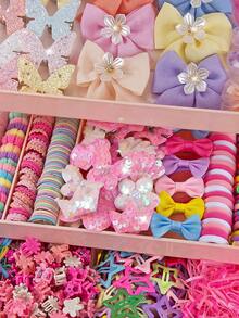 856pcs Macaron Color Hair Accessories Set For Girls, Including Assorted Glitter Butterfly Hair Clips, Fabric Rhinestone Flower & Bow Hair Clips, Pearl Flower Hair Clips, High Elastic Hair Ties, Suitable For Daily, Outing, Party - Multicolor - View 3
