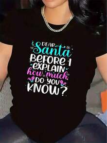 Casual Short-Sleeved T-Shirt For Lounge Wear, Durable And Lightweight, With Festive Santa Claus Lettering Design, Ideal For Christmas Gatherings And Parties, Comfortable Fit For Everyday Wear. - 黑色 - 查看 1