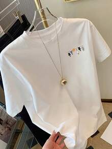 Mexican Basic Short-Sleeve T-Shirt With Front And Back Print - Cat Lanyard,  Cartoon Cat Print. Unisex Loose-Fitting Printed T-Shirt For Men And Women, Casual Spring And Summer Wear, A Fashion Essential. New Release - 白色 - 查看 6