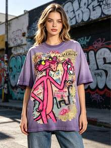Pi Nk Pa Nt Her Retro Comic Collage Print Graphic Tees Men, Street Graffiti Vibe Graphic Tees, Skin-Friendly Pure Cotton Mens Clothes, Breathable Loose Silhouette Casual Versatile T-Shirt - Màu tím bẩn - Xem 2