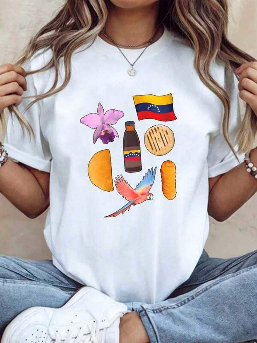 Camiseta casual de manga corta con cuello redondo y estampado para mujer Bandera Flor Botellastel Pájaro Fruta S-3XL moda, cómodo y transpirable Unio lavable a máquina