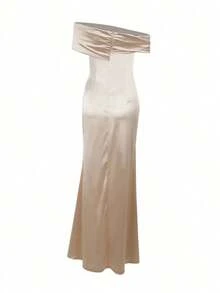 Elegante vestido de satén con hombros descubiertos y abertura, vestido de gala extra largo para boda, vestido de fiesta de Navidad, vestido de dama de honor de primavera - Celeste - Ver 9