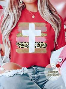 Playera Blanca de Mujer con Cruz de Estampado de Leopardo y Brillos, Camiseta de Diseño de Fe Aesthetic Manga Corta, Top Moderno Espiritual de Animal Print, Blusa Casual de Moda con Texturas Mixtas-Vintage Street Style Unisexoose Cotton Short Sleeve Crew Neck T-Shirt - Rojo - Ver 1