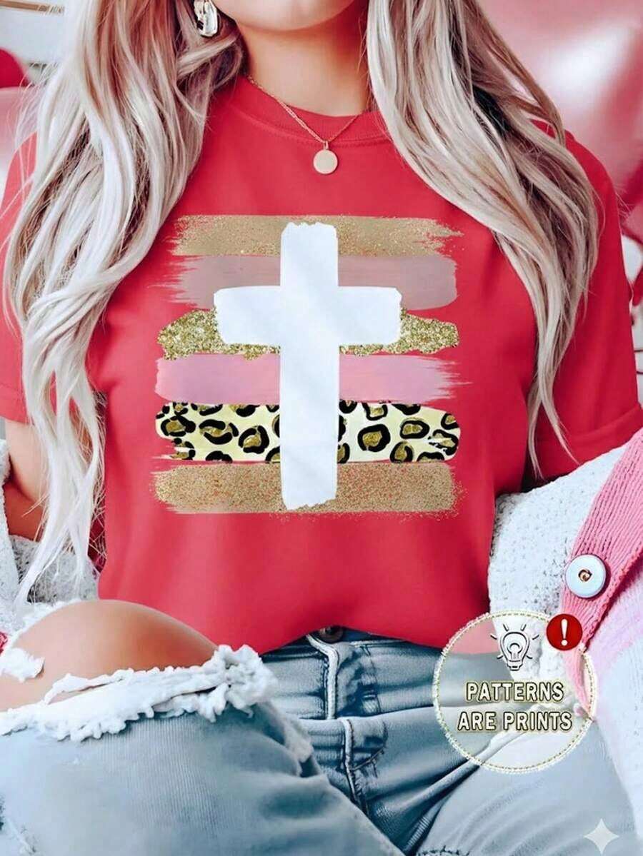 Playera Blanca de Mujer con Cruz de Estampado de Leopardo y Brillos, Camiseta de Diseño de Fe Aesthetic Manga Corta, Top Moderno Espiritual de Animal Print, Blusa Casual de Moda con Texturas Mixtas-Vintage Street Style Unisexoose Cotton Short Sleeve Crew Neck T-Shirt - Rojo - Ver 1