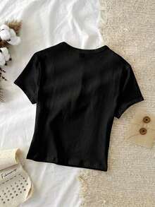 1 pieza Camiseta Ajustada de Color Sólido 95% Algodón, Estampado de Gato Adorable - Negro - Ver 2