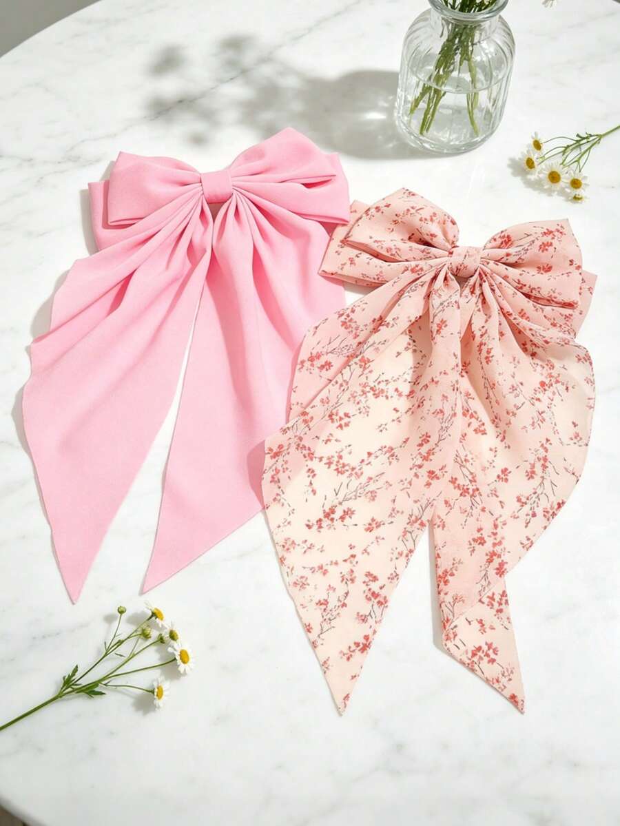 2pcs/Set Pinces à cheveux en mousseline de couleur unie avec nœud floral de style coréen, style bohème décontracté de palais, mode de rue mignonne pour fête, en polyester, toutes saisons, pinces à cheveux, épingles à cheveux - Rose vif - Voir 1