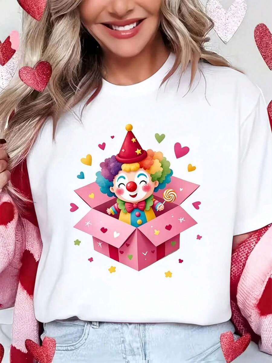 Camiseta de Sorpresa Unboxing con Estampado de Payaso Dulce - Cuello Redondo, Casual, con Cara de Payaso, Lavable a Máquina, Ideal para Fiestas, Atuendos Casuales y Temáticos, Top No Estilo Blusa - Blanco - Ver 1
