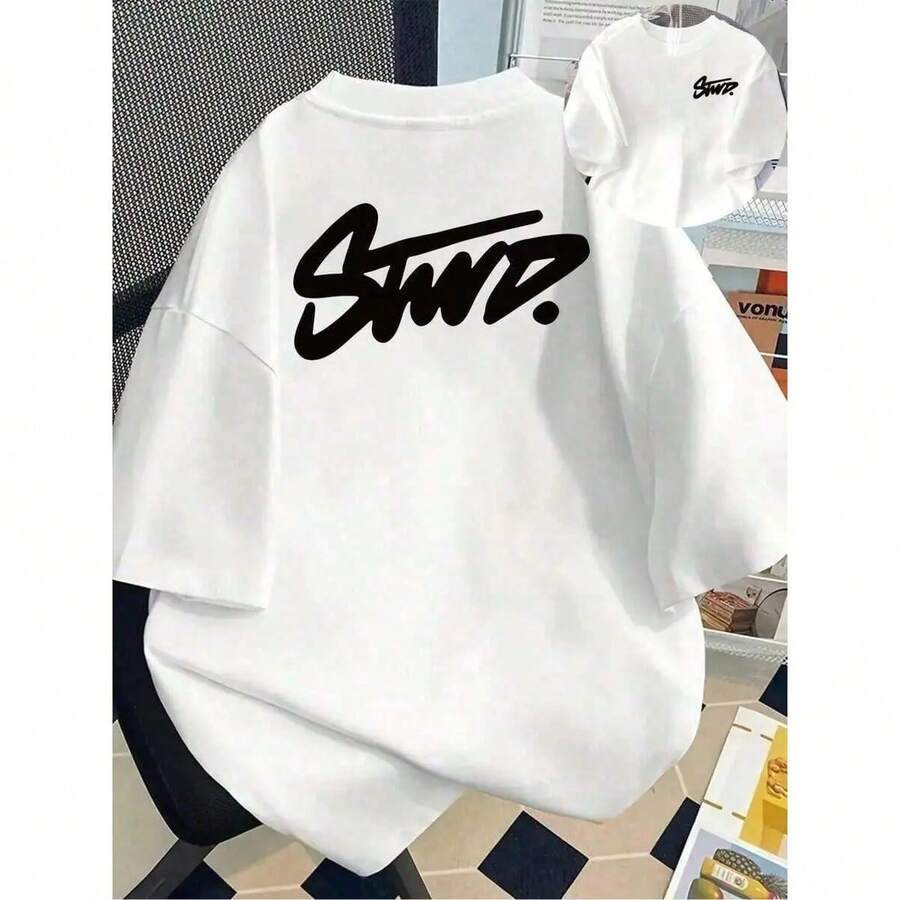 STWD Women's Oversized T-Shirt With STWD Lettering And Logo Print - Casual Short-Sleeve Crew Neck T-Shirt, Suitable For All Seasons, Versatile For Casual Outfits And Sets, Ladies' T-Shirts And Apparel, Streetwear Style - 白色 - 查看 1