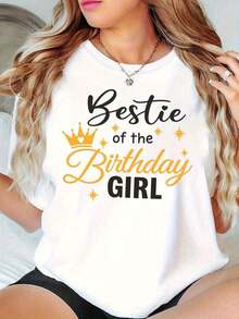 Under The Radar Women's Best Friend Birthday T-Shirt - Matching Best Friend Set With Gold Print And Lettering "Bestie Bday", Casual Short Sleeve Crew Neck T-Shirt For Birthday Parties, Best Friend Gifts (White) - Unisex Loose Cotton Short Sleeve Crew Neck T-Shirt, Vintage Urban Style - 白色 - 查看 7