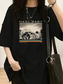 Project Hail Mary Movie Poster Style Print T-Shirt - Women's Casual Short Sleeve Crew Neck T-Shirt, Loose And Soft Fit, Spring/Summer Fashion Essential, Graphic Tees, Men's Western Clothing, Men's Shirts, Graphic Tees, Women's Summer Clothing, Casual Blouses For Ladies - 白色 - 查看 6