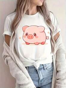 Lovely Pig, Gift, Directional Backgrounds, New Women's Casual Crew Neck Sports T-Shirt For All Seasons. Casual Blouses For Ladies - 白色 - 查看 2