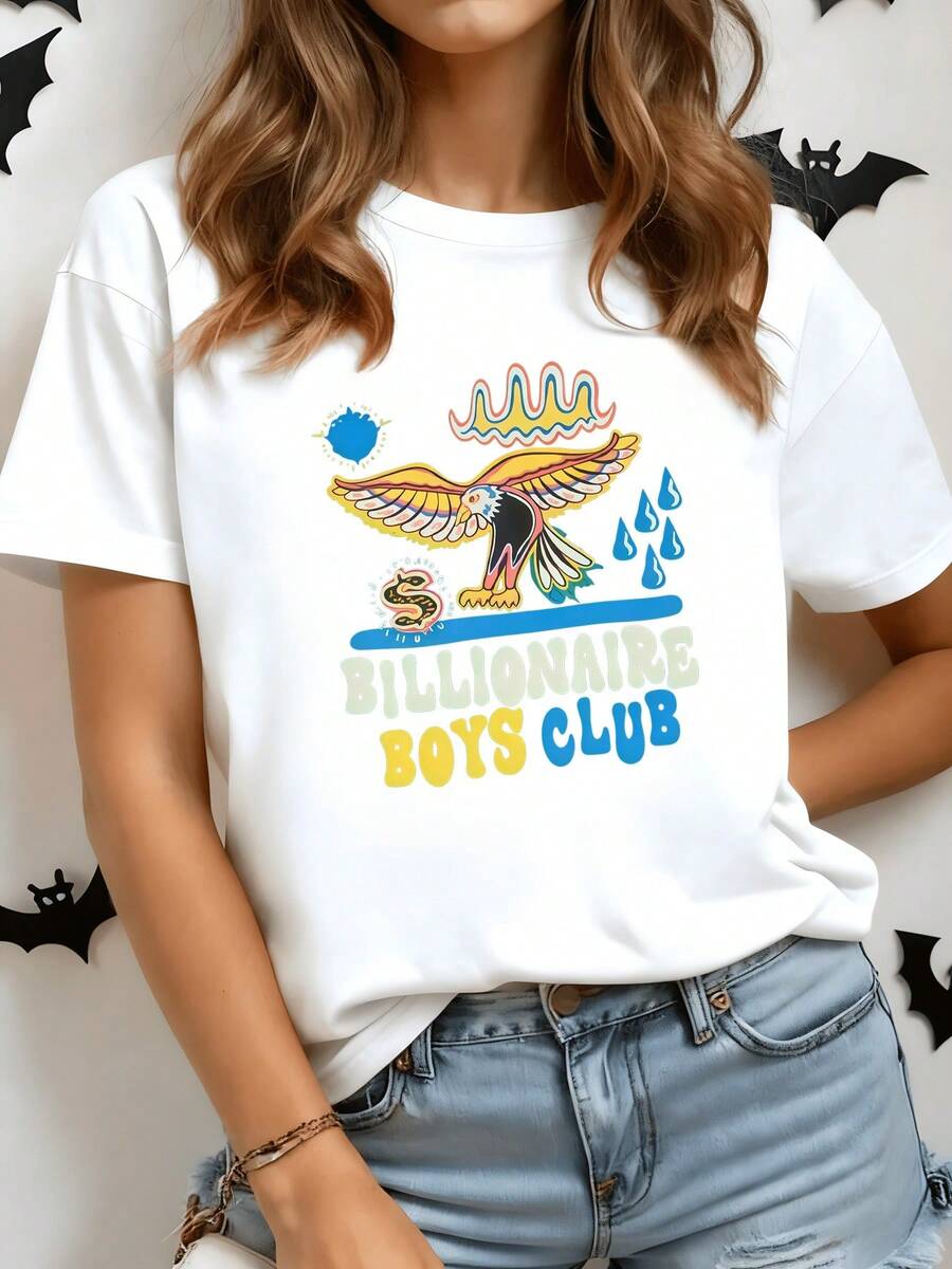 Colorful Bird Spreading Its Wings Among Blue Drops And A Symbol Of Prosperity That Conveys Freedom, Energy And Optimism. Women's T-Shirt With Modern And Cheerful Graphic Art - 白色 - 查看 1