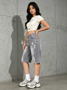 Petite Women's Classic Washed Denim Jeans With Cutout Design, Suitable For Beach Wear Casual Summer - Light Grey - View 4