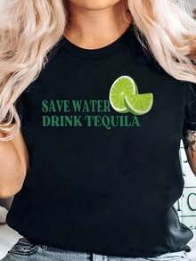 Camiseta con la impresión "Ahorra Agua, Bebe Tequila" y una rodaja de lima para uso casual y atuendos de fiesta.blusa casual mujer - Negro - Ver 7