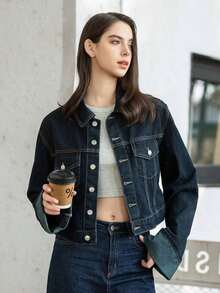 Chaqueta casual de mujer de unicolor de denim con solapa y manga larga - Azul marino - Ver 4