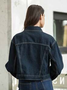 Chaqueta casual de mujer de unicolor de denim con solapa y manga larga - Azul marino - Ver 11