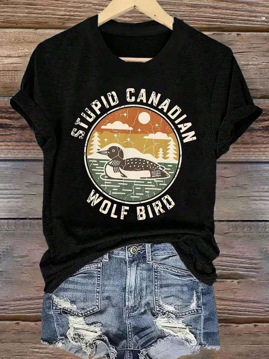 Heavyweight 100% Cotton Wo'S Casual Short-Sleeve T-Shirt | Stupid Canadian Wolf Bird Letter Print, Fun Loon Design, Regular Fit Crew Neck, Suitable For All Seasons, Animal Pattern, Pullover StyleBestseller - Negro - Ver 1