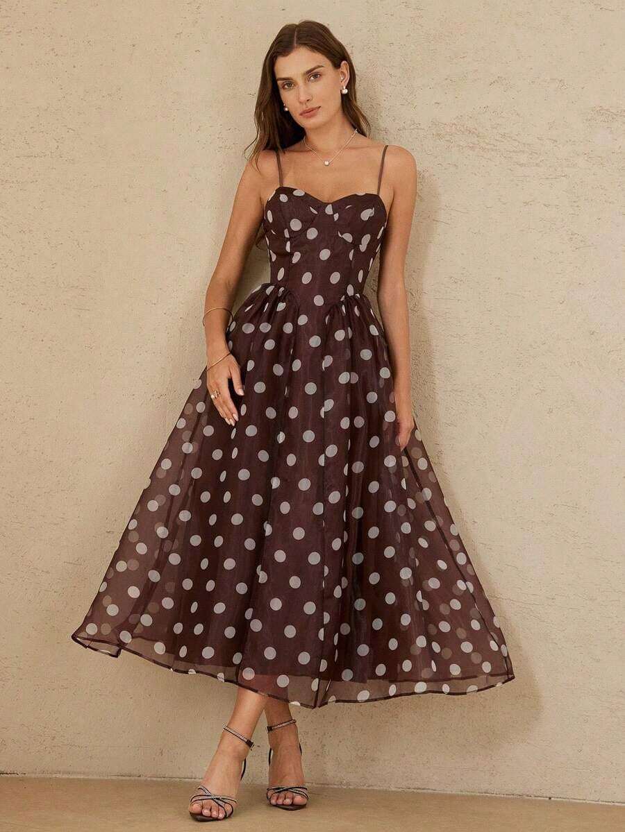 Elegante vestido retro francés de lujo para mujer con diseño de corpiño de organza con contraste de lunares, cintura ceñida y falda acampanada - Multicolor - Ver 1