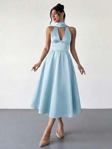 High-Waisted Midi Dress With A V-Neck And Open Back, In A Vintage French Polka Dot Style, Suitable For Valentine's Day, Concerts, Performances, Dates, Banquets, Weddings, Sexy, Elegant, Back To School, Vacation, Beach, Romantic - 紅色 - 查看 1