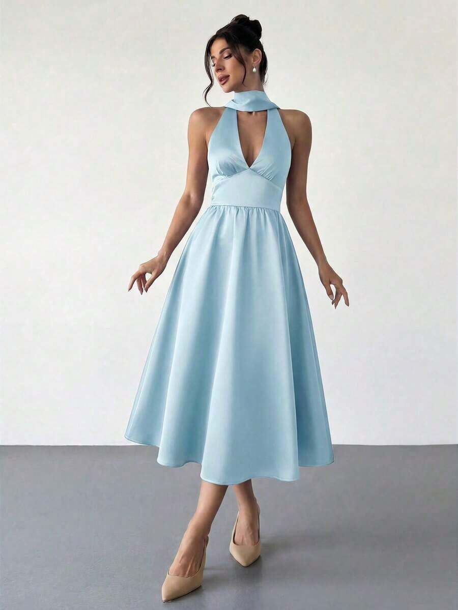 High-Waisted Midi Dress With A V-Neck And Open Back, In A Vintage French Polka Dot Style, Suitable For Valentine's Day, Concerts, Performances, Dates, Banquets, Weddings, Sexy, Elegant, Back To School, Vacation, Beach, Romantic - 紅色 - 查看 1