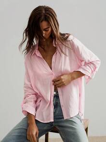 Rusttydustty Damen Boho Urlaubs Lässig Alltag Leinen Langarm Hemd, Rosa Top, Rosa Damen Bluse, geeignet für Herbst und Halloween - Pink - Übersicht 1