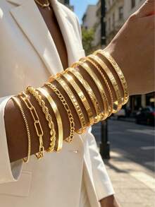 12pcs Fashionable Minimalist Elegant Delicate Vintage Design Assorted Jewelry Set Including Heart, Star, Square, Embossed, Geometric, Braided, Snake Bone, Box Chain, Braided Chain, Minimalist Plain Metal Bracelet, Suitable For Holiday, Party, Date, Gift, Daily Wear - Yellow Gold - View 1