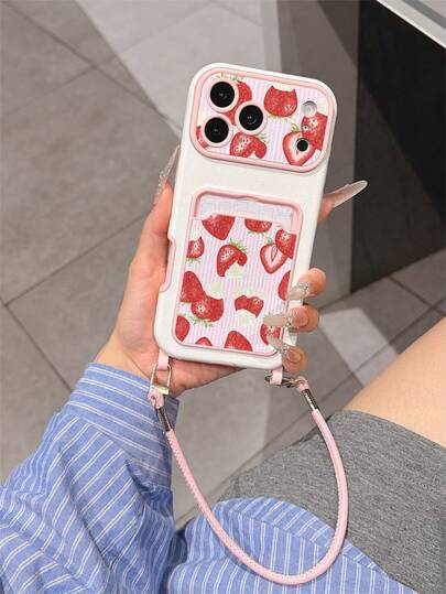 Ốp điện thoại màu hồng chống sốc, họa tiết dâu tây sọc, chất liệu TPU, có khe đựng thẻ, thích hợp làm quà tặng ngày lễ, tương thích với Apple 11 12 13 14 15 16 Pro/Pro Max/14 15 16/17, unisex.