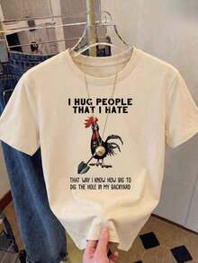 Camiseta de manga corta de ajuste regular, estilo INS "Askhole" Definición Impresión gráfica de pollo, parte superior de verano ligera y delgada de color azul claro. Casual,Playera Gráfica Casual para Mujer con Estampado |   Verano 2026 - Albaricoque - Ver 2