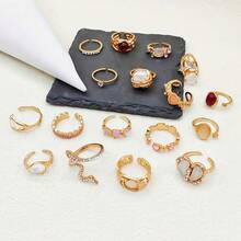 15pcs Geometric Asymmetrical Textured Liquid Shape Heart Teardrop Intersect Multi-Layer Minimalist Plain Band Wavy Metal Rings Set, Fashion Elegant Vintage Design, Suitable For Holiday, Party, Daily Wear, Random Styles - Gold Open Cat's Eye Ring - View 3